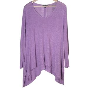 Eileen Fisher 100% Linen Lavender V Neck Shark Bite Hem Open Knit Sweater Size M